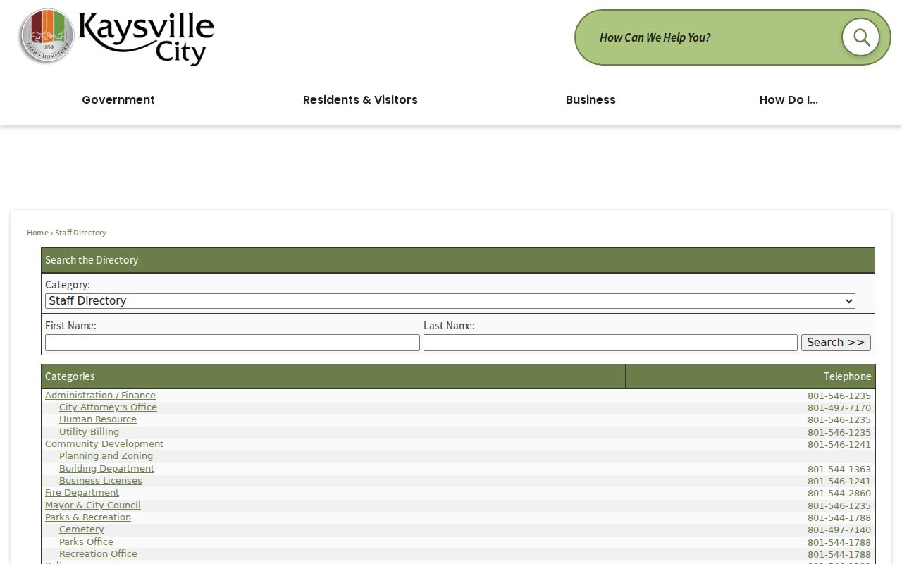Kaysville people directories city staff search form